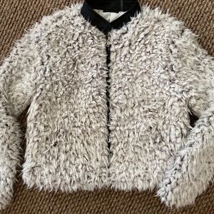 Gray fuzzy jacket with leather collar